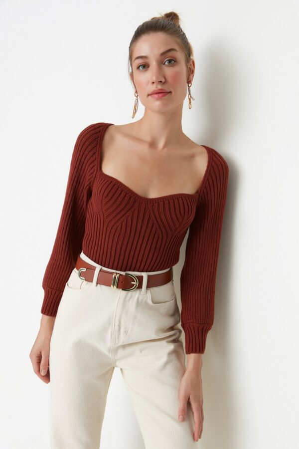 Trendyol Brown Crop szív nyakú kötöttáru pulóver