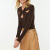 Trendyol Brown Cut Out and Drawstring Detailed Fitted Flexible Snap Fastener Knitted Body