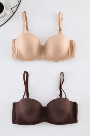 Trendyol Brown-Dark Skin 2-Pack Rope Strapless Padded Full Cup Balconet Knitted Bra
