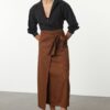 Trendyol Brown Double Breasted Tie Detailed Linen Look Woven Skirt