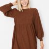 Trendyol Brown Flounce Skater/Waist Crap/Textured Mini Knitted Dress