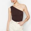 Trendyol Brown Gather Detailed Fitted One Shoulder Stretchy Knitted Blouse