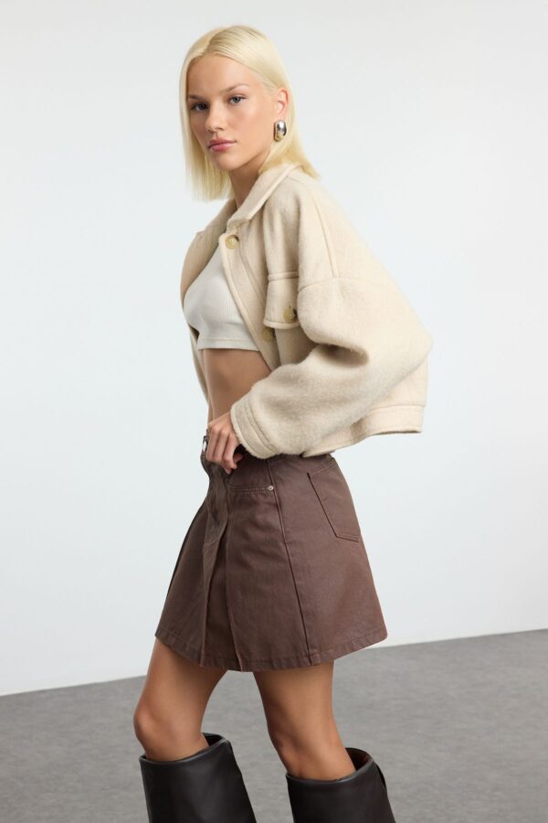 Trendyol Brown Leather Coated Waxed Pleated Mini Denim Skater Skirt