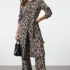 Trendyol Brown Leopard Patterned Belted Viscose Regular Woven Bottom-Top Set