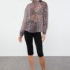 Trendyol Brown Leopard Patterned Chiffon High Collar Woven Blouse