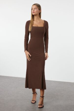 Trendyol Brown Maxi Flounce Square Neck Body-Smoothing Flexible Knit Dress