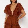 Trendyol Brown Mini Woven Embroidery Detailed 100% Cotton Beach Dress