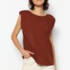 Trendyol Brown More Sustainable 100% Organic Cotton Cotton Decollete Basic Knitted T-Shirt