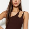 Trendyol Brown One-Shoulder Fitted/Plastic Ribbed Stretch Knit Blouse