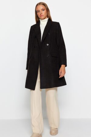 Trendyol Brown Oversize Széles szabású kockás hosszú bélyegzett kabát
