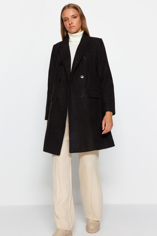 Trendyol Brown Oversize Széles szabású kockás hosszú bélyegzett kabát