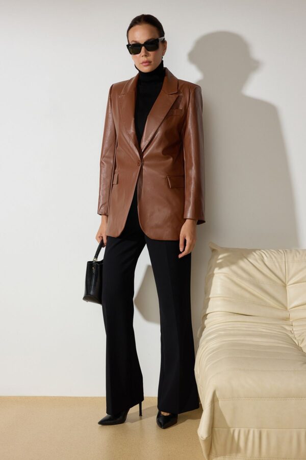Trendyol Brown Oversized Faux Leather Woven Blazer Jacket