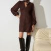 Trendyol Brown Plain Mini Mini Balloon Sleeve V Neck Suede Woven Dress