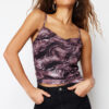 Trendyol Brown Printed Adjustable Strap Cowl Collar Crop Flexible Tulle Knit Blouse