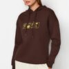 Trendyol Brown Printed Hoodie and Knitted Sweatshirt with Fleece Inside
