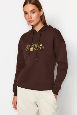 Trendyol Brown Printed Hoodie and Knitted Sweatshirt with Fleece Inside Trendyol Brown Printed Hoodie and Knitted Sweatshirt with Fleece Inside
