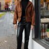 Trendyol Brown Regular Plush Detail Shepherd Closure Suede Jacket Coat