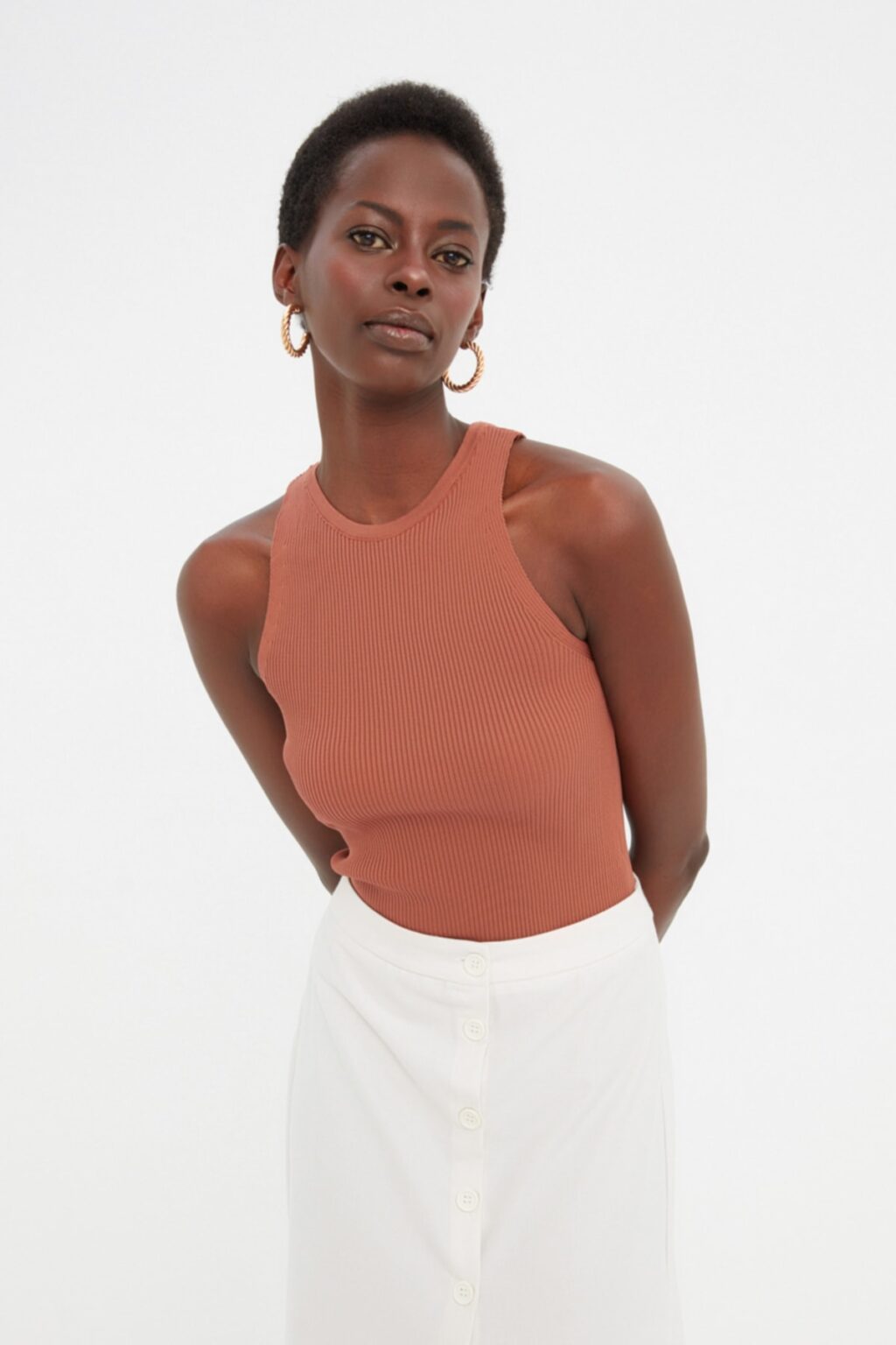 Trendyol Brown Ribbed Knitted Thin Blouse
