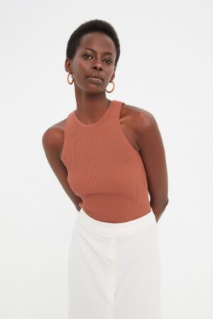 Trendyol Brown Ribbed Knitted Thin Blouse