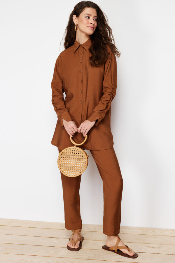 Trendyol Brown Sleeve Gathered Aerobin Shirt Trousers Woven Bottom Top Set