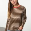 Trendyol Brown-Stone Striped Collar Colorful Ribbed Striped Basic Knitted T-shirt