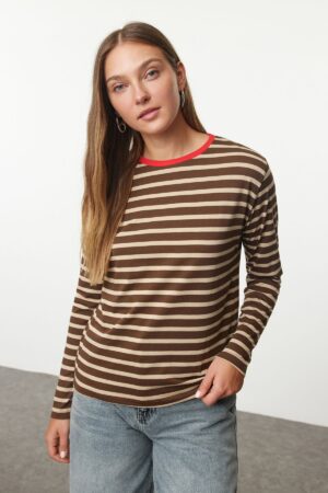 Trendyol Brown-Stone Striped Collar Colorful Ribbed Striped Basic Knitted T-shirt Trendyol Brown-Stone Striped Collar Colorful Ribbed Striped Basic Knitted T-shirt