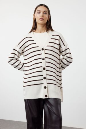 Trendyol Brown Stone Striped Knitwear Cardigan