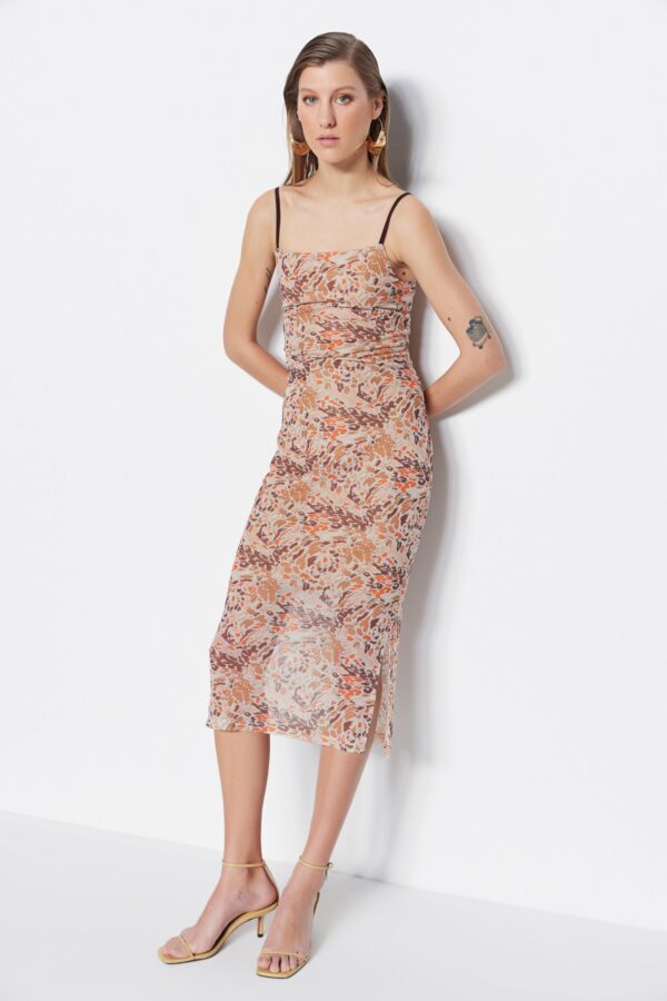 Trendyol Brown Strap Fitted Square Neck Tulle Midi Stretchy Knitted Dress