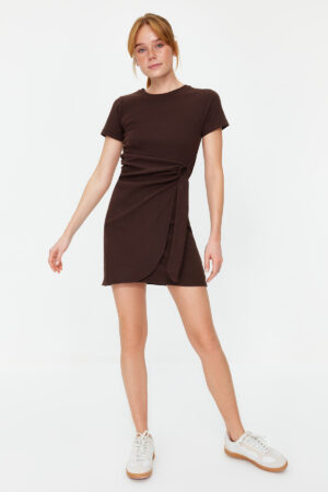 Trendyol Brown Tie Detailed Crew Neck Knitwear Look Mini Knitted Dress