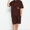 Trendyol Brown Tracksuit Set Relaxed/Comfortable Cut Text Printed Cotton