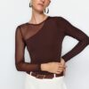 Trendyol Brown Tulle Detailed Snap Snap rugalmas kötött body