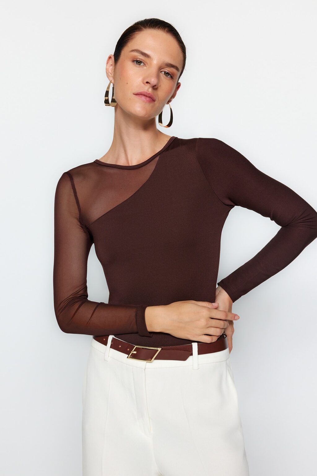 Trendyol Brown Tulle Detailed Snap Snap rugalmas kötött body