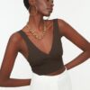 Trendyol Brown V-Neck Knitwear Blouse