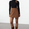 Trendyol Brown Velvet Fabric Double Breasted Closure Tie Detail Mini Length Woven Skirt