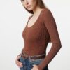 Trendyol Brown Vintage/Faded Effect Ribbed Pool Neck Fitted Cotton Knitted Blouse