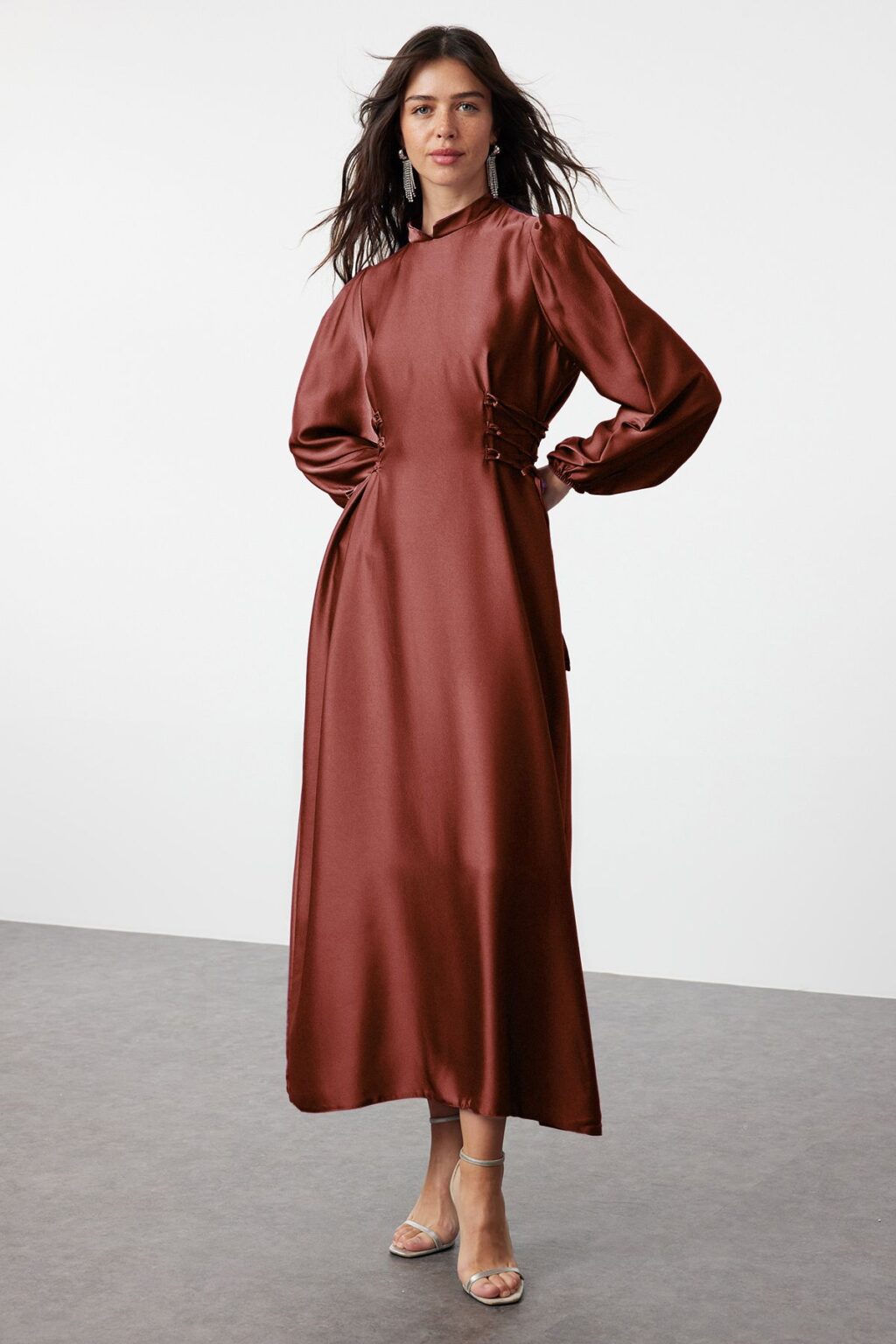 Trendyol Brown Waistline Satin Evening Dress