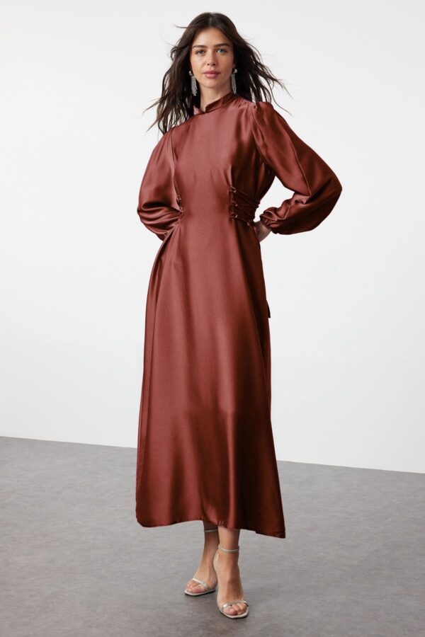 Trendyol Brown Waistline Satin Evening Dress