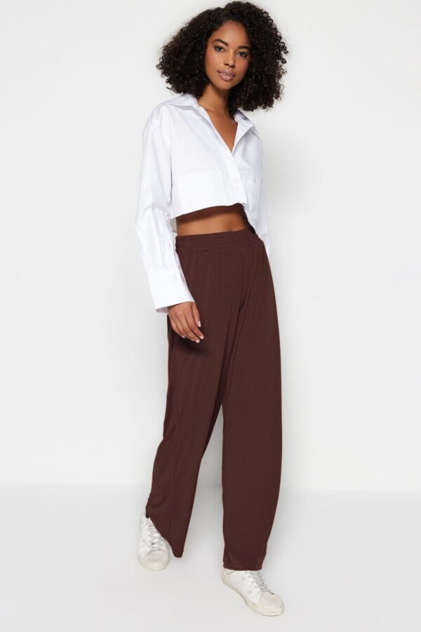 Trendyol Brown Wide Leg/Relaxed Cut High Waist Stretchy Trousers