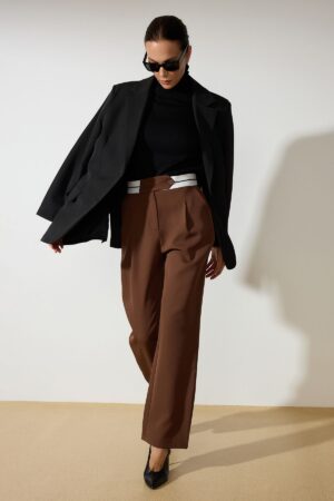 Trendyol Brown Wide Leg/Wide Leg Woven Waist Detailed Fabric Trousers