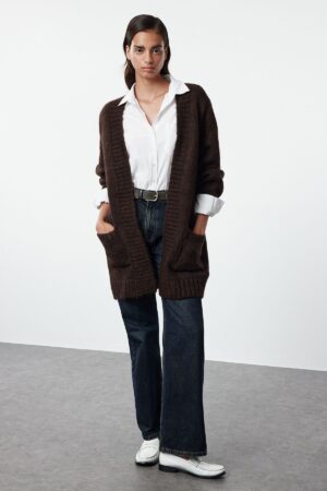 Trendyol Brown Wide Pattern Soft Texture Wide Pattern Knitwear Cardigan