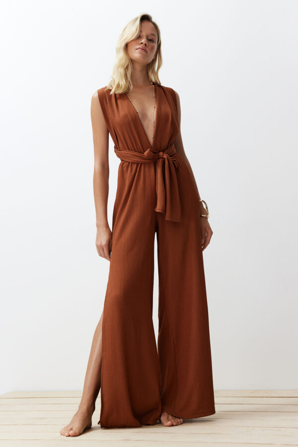 Trendyol Brown Woven Backless Tied Beach Jumpsuit