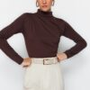 Trendyol Brown összegyűjtött részletes High Neck Snap Snap rugalmas kötött bodyt