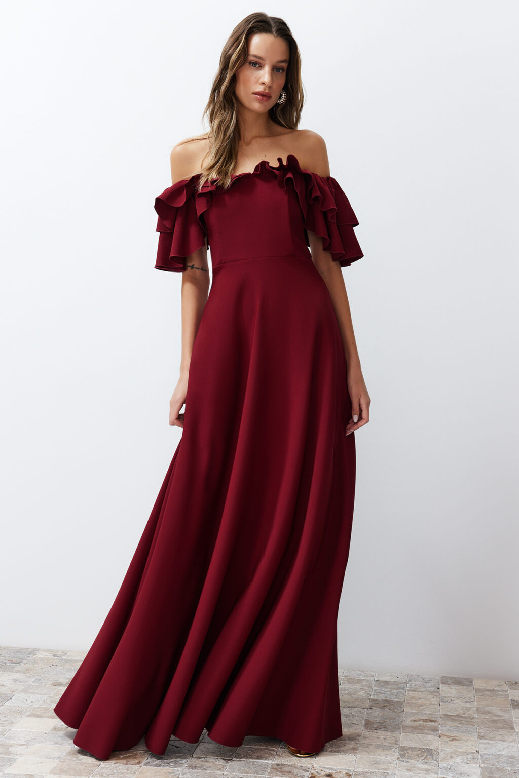 Trendyol Burgundy A-Cut Flounce Woven Long Elegant Evening Dress