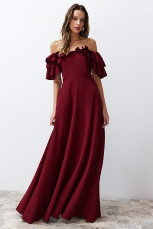 Trendyol Burgundy A-Cut Flounce Woven Long Elegant Evening Dress