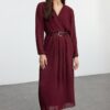 Trendyol Burgundy Belted A-Line Pleated Maxi Lined Chiffon Woven Dress