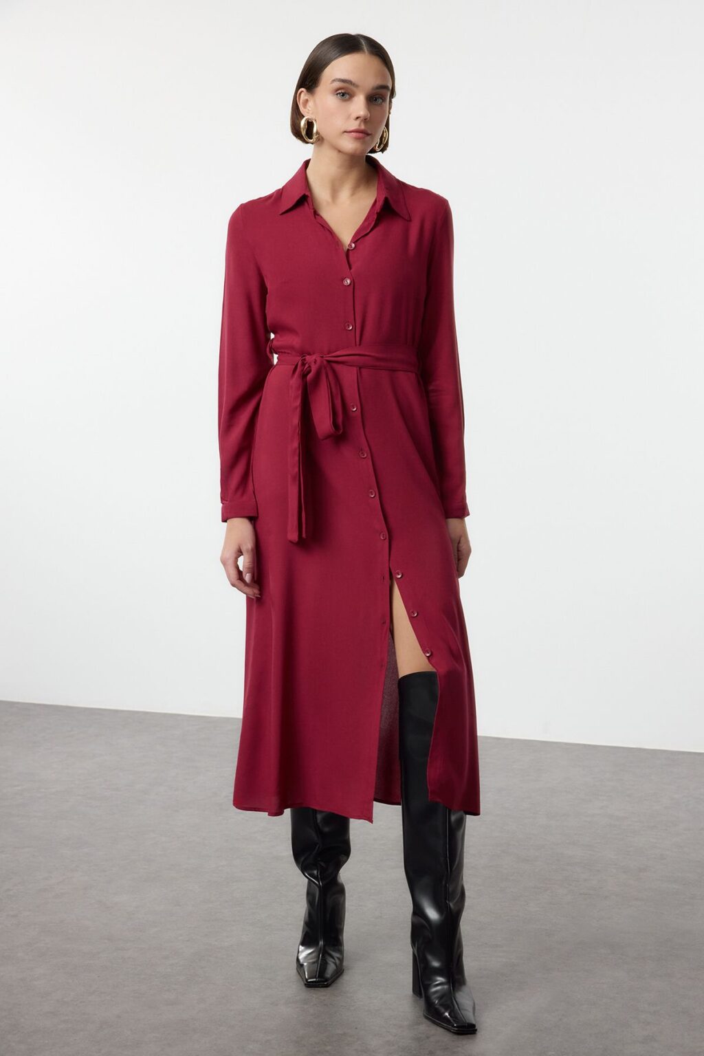Trendyol Burgundy Belted Viscose Midi Woven Dress