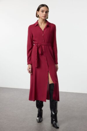 Trendyol Burgundy Belted Viscose Midi Woven Dress