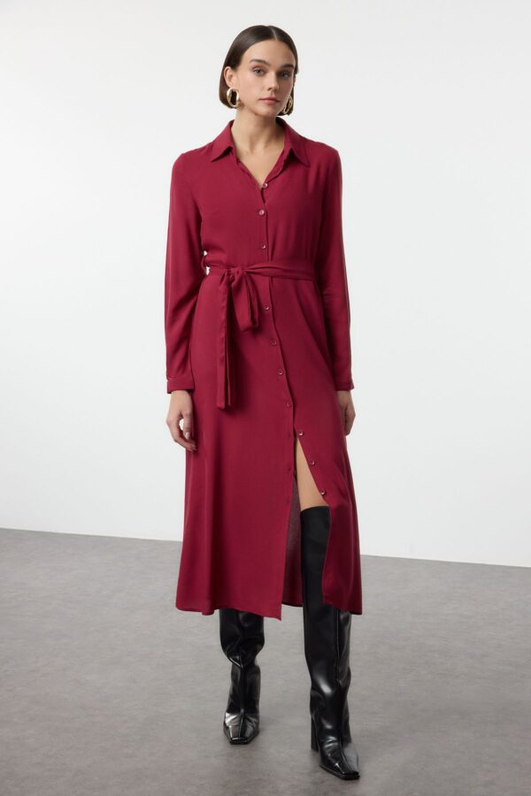 Trendyol Burgundy Belted Viscose Midi Woven Dress