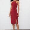 Trendyol Burgundy Bodycon Slit Halter Neck Midi Pencil Skirt Woven Dress