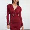 Trendyol Burgundy Burgundy Belt Detailed Knitted Short Elegant Evening Dress